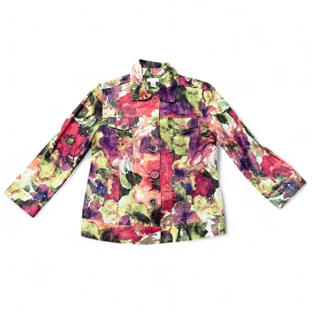 NWOT Chicos Button Front Jacket FLORAL Size XS button metallic shimmer